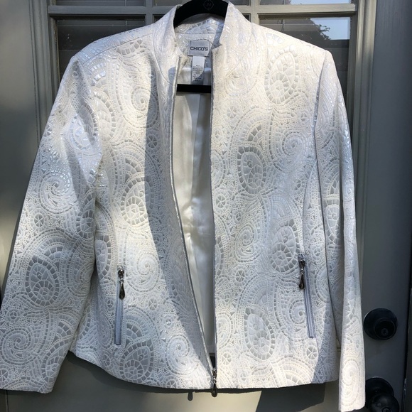 Chico’s Metallic Jacquard Zip Formal Blazer Lined White Shimmer Size 2 - Picture 2 of 8